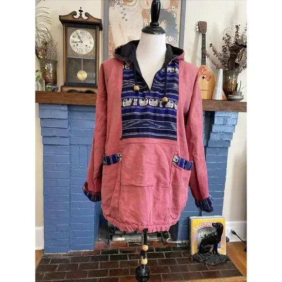Vintage Baja Poncho Hoodie M Blanket Pullover Hippie Festival India Thailand - Picture 5 of 16